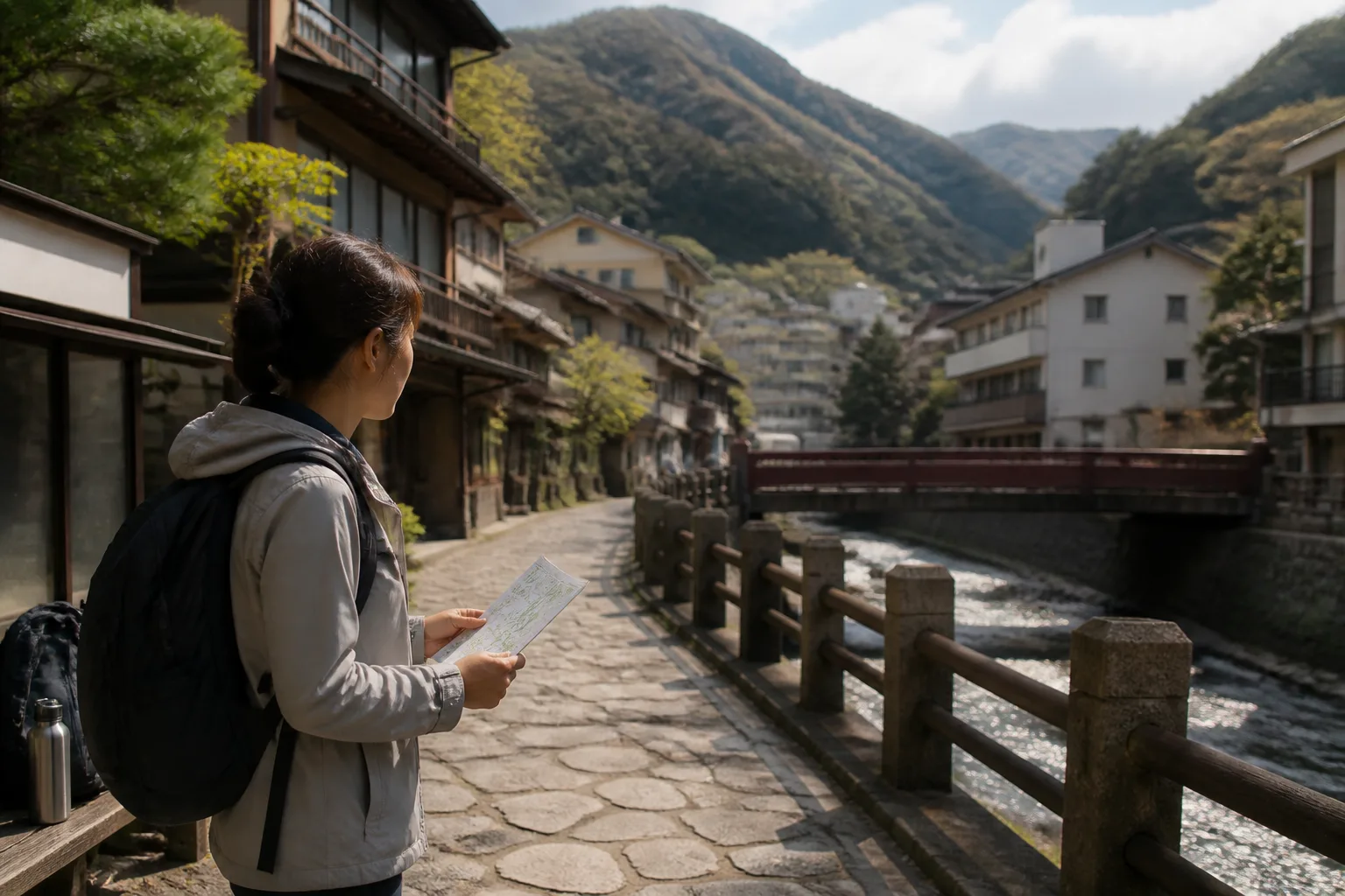 箱根湯本で旧街道歩きの準備をする旅人