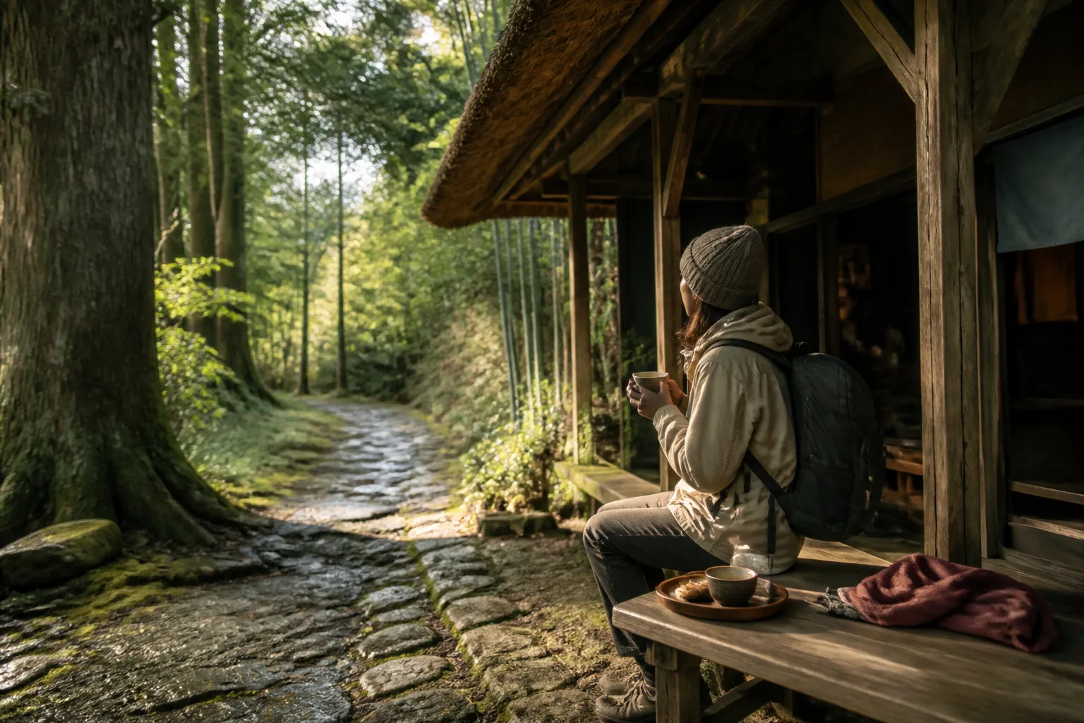 箱根旧街道の甘酒茶屋周辺で休憩する旅人