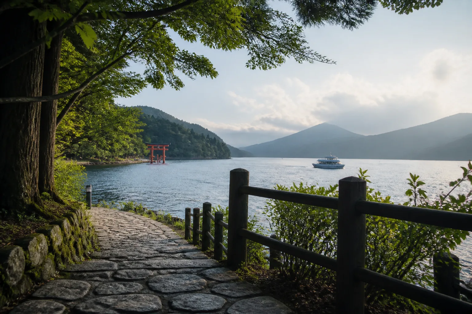 元箱根の芦ノ湖畔で山道のあとに湖を眺める旅人