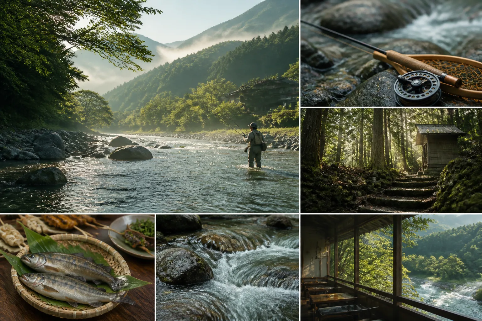 Morning light along the Akigawa stream with a traveler preparing near the water