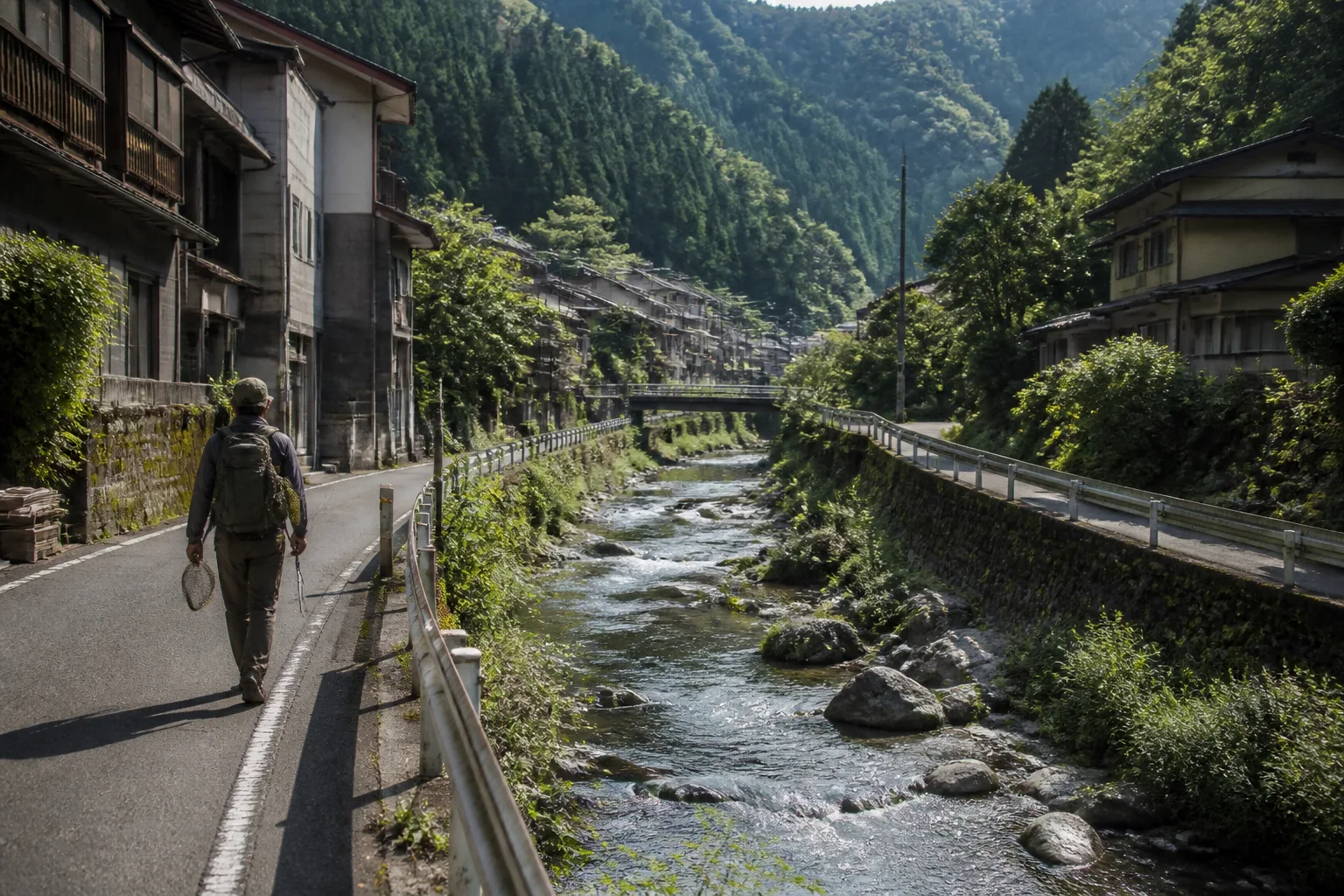 檜原村の谷あい、橋と山里の道を描いた編集画像