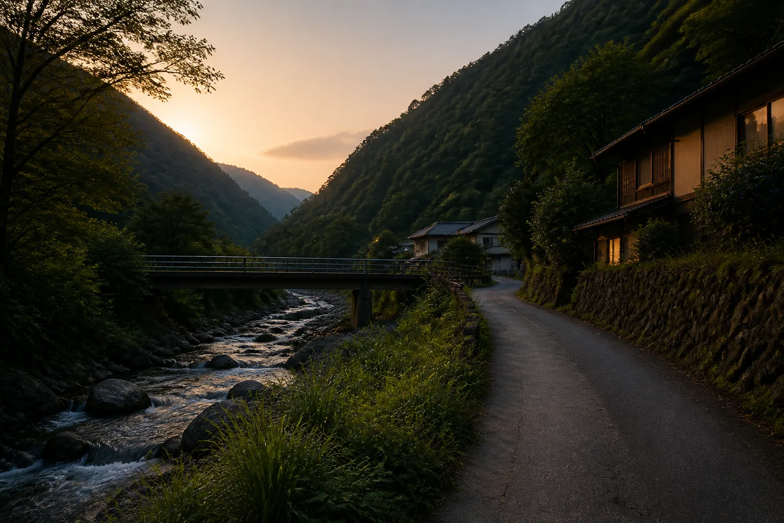夕方の秋川沿いの道と山影を描いた編集画像