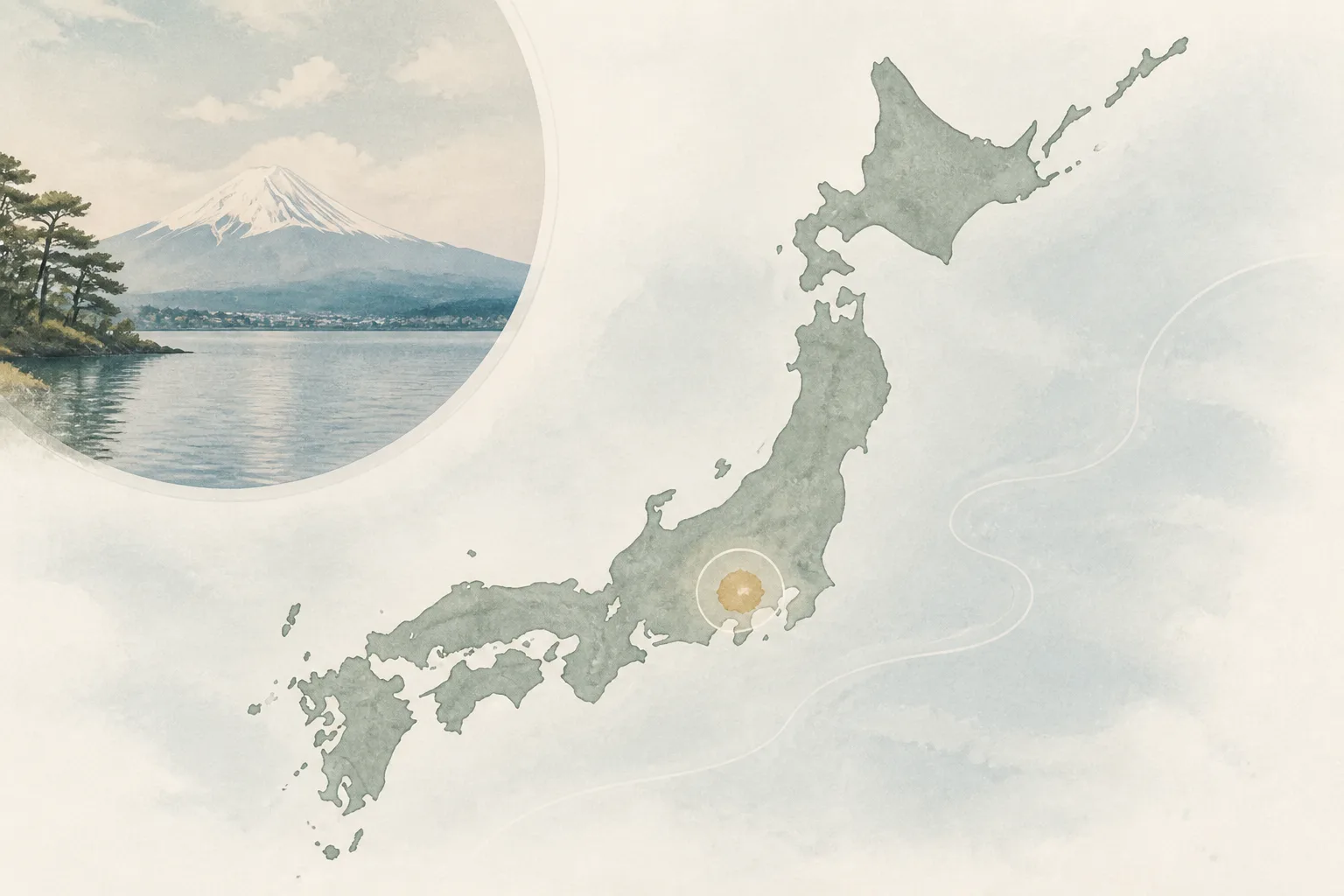 富士五湖の湖畔でエリアフライを味わう、水面とルールの釣り旅の日本位置を示す編集地図