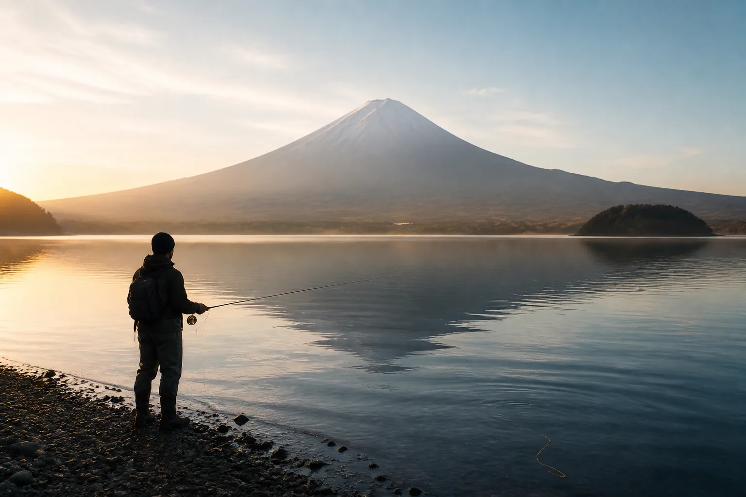 河口湖の朝、富士山を背景にフライロッドを準備する旅人