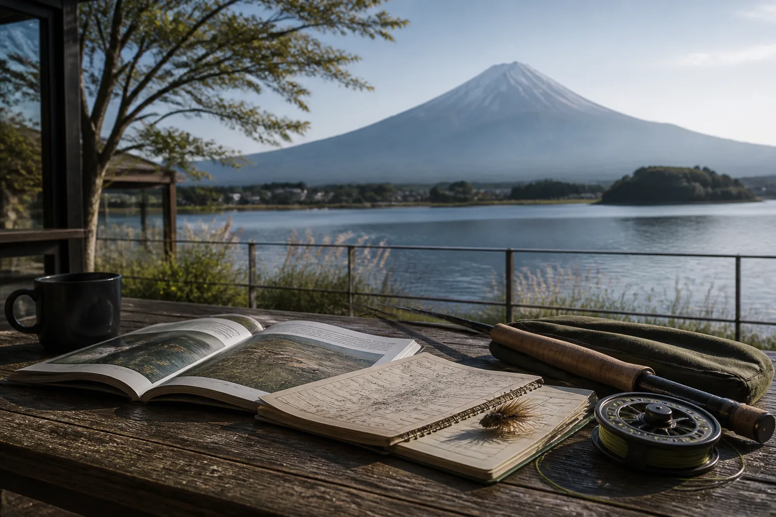 湖畔で遊漁規則と地図を確認するフライフィッシングの旅人