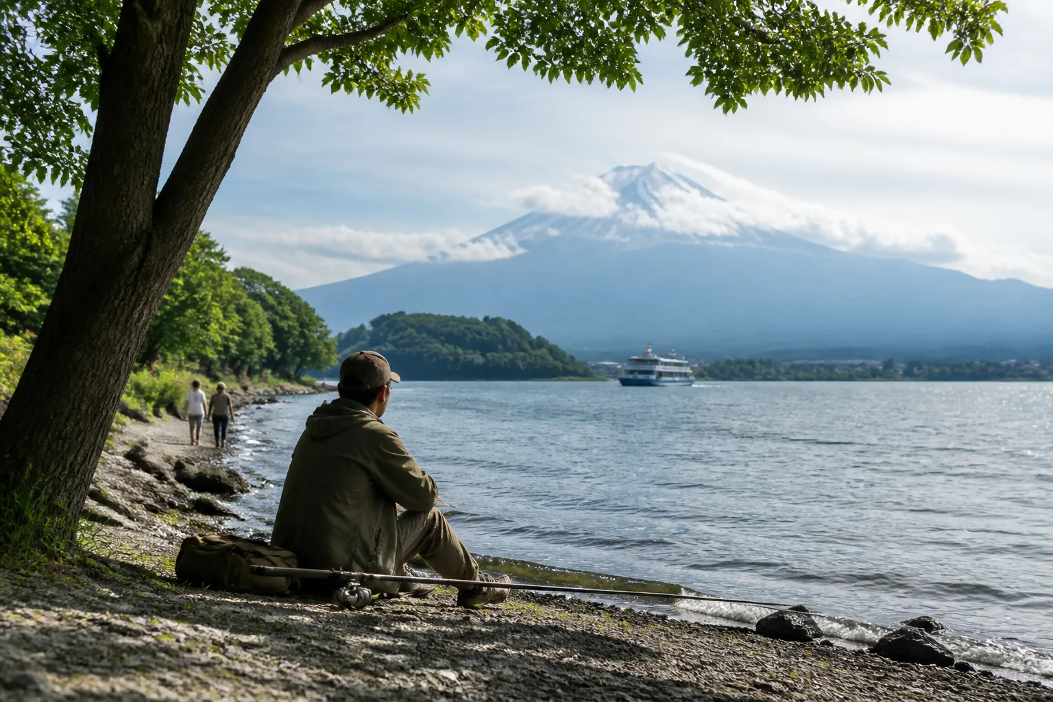 河口湖の湖畔でロッドを置き、富士山と水面を眺める休憩