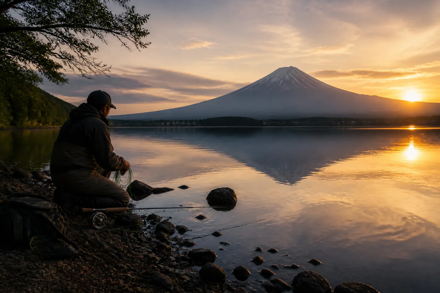 夕方の河口湖でロッドをしまい富士山の影を見る旅人