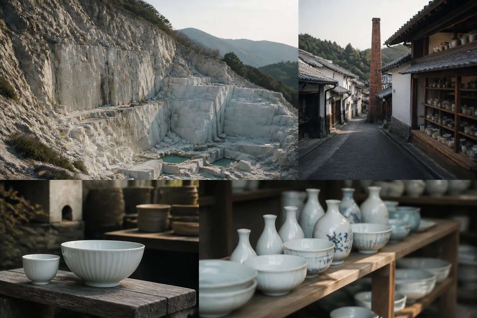 有田内山地区の町並みと泉山磁石場の白い陶石を重ねて描いた編集画像