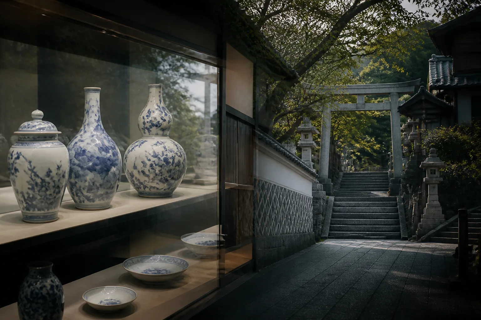 陶磁文化施設の展示室と陶山神社の静かな参道を組み合わせた編集画像