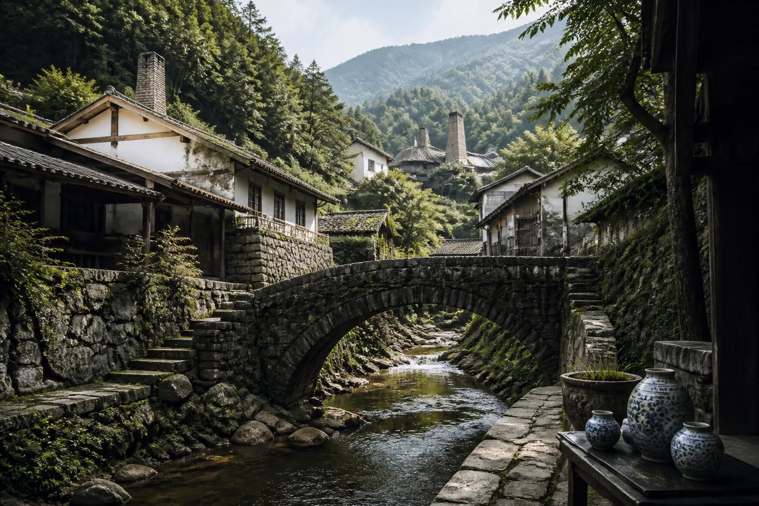 大川内山の山あいに窯元が並ぶ秘窯の里を描いた編集画像