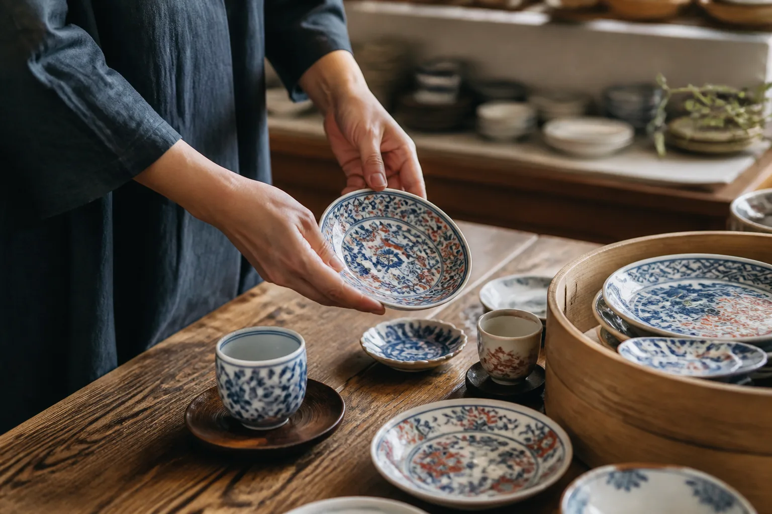白磁と染付の器を手に取り、茶の時間へつなぐ有田・伊万里の店内風景を描いた編集画像
