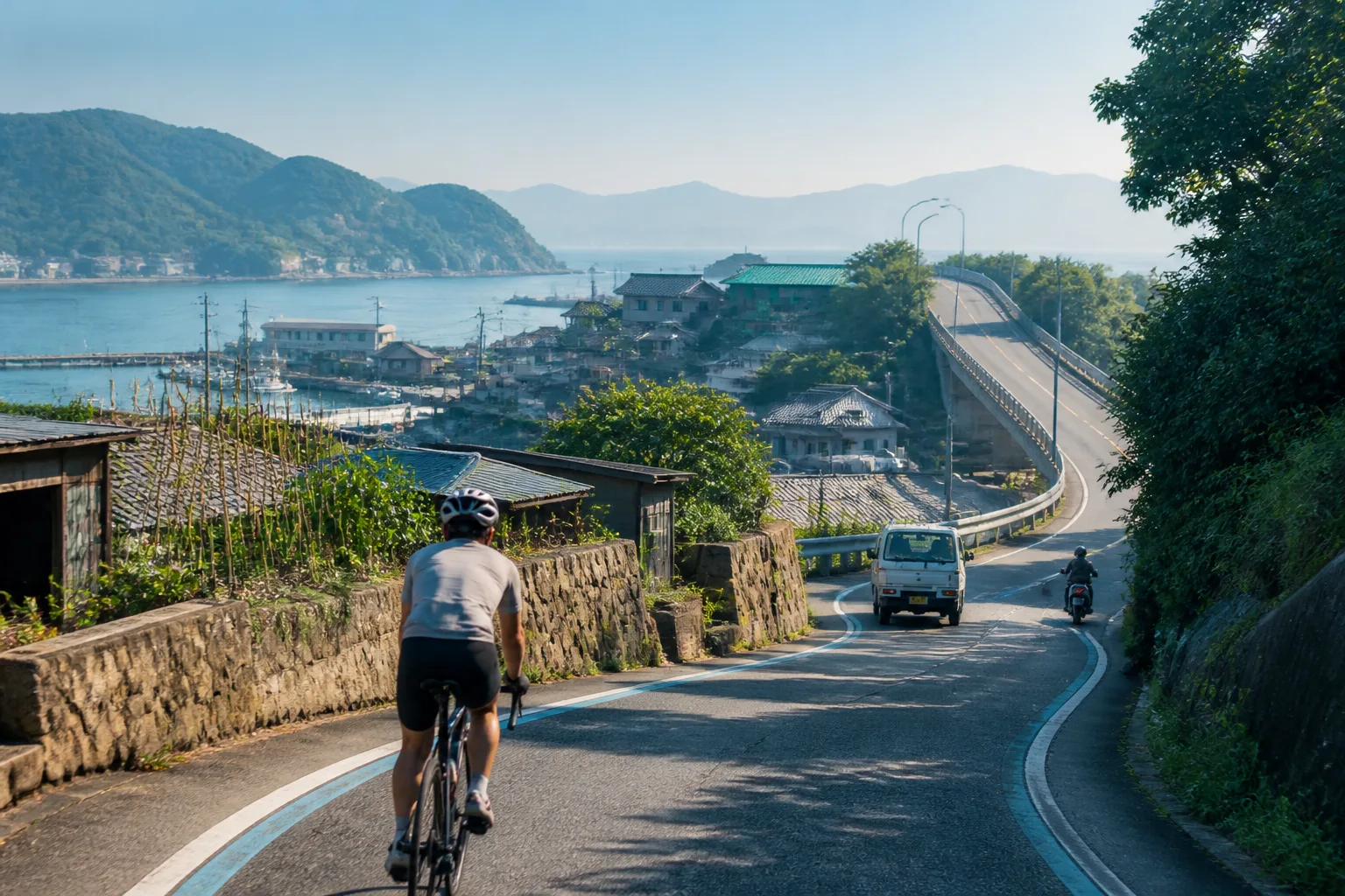 向島の海沿いを走るサイクリストと瀬戸内の朝