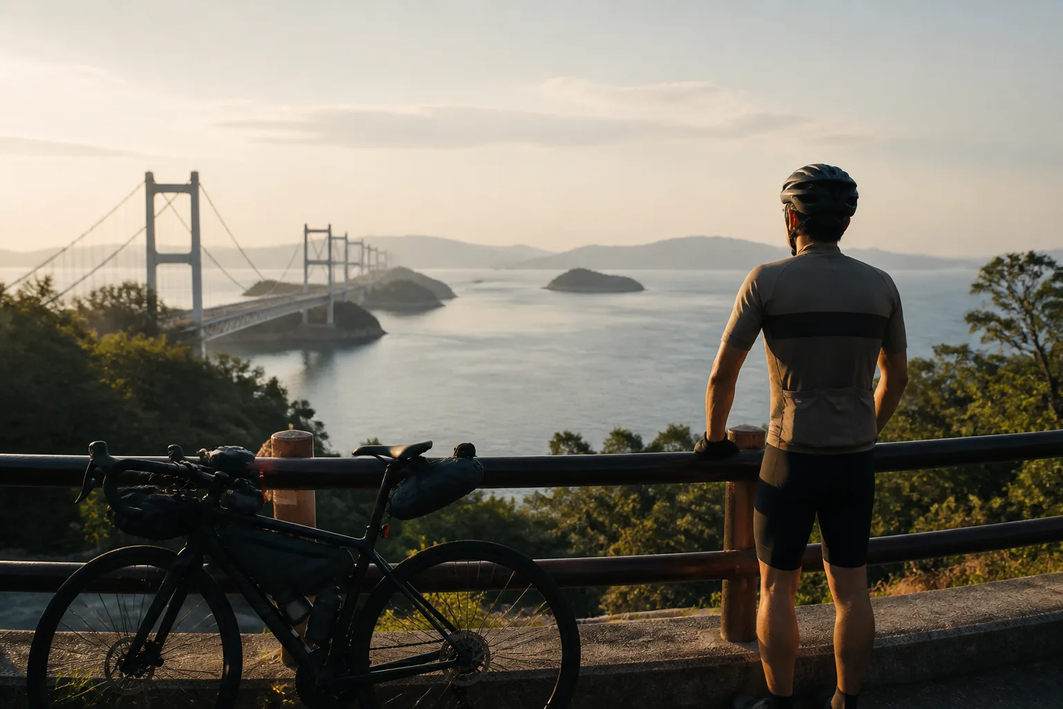 今治側で自転車を止め、夕方の瀬戸内を眺める旅人