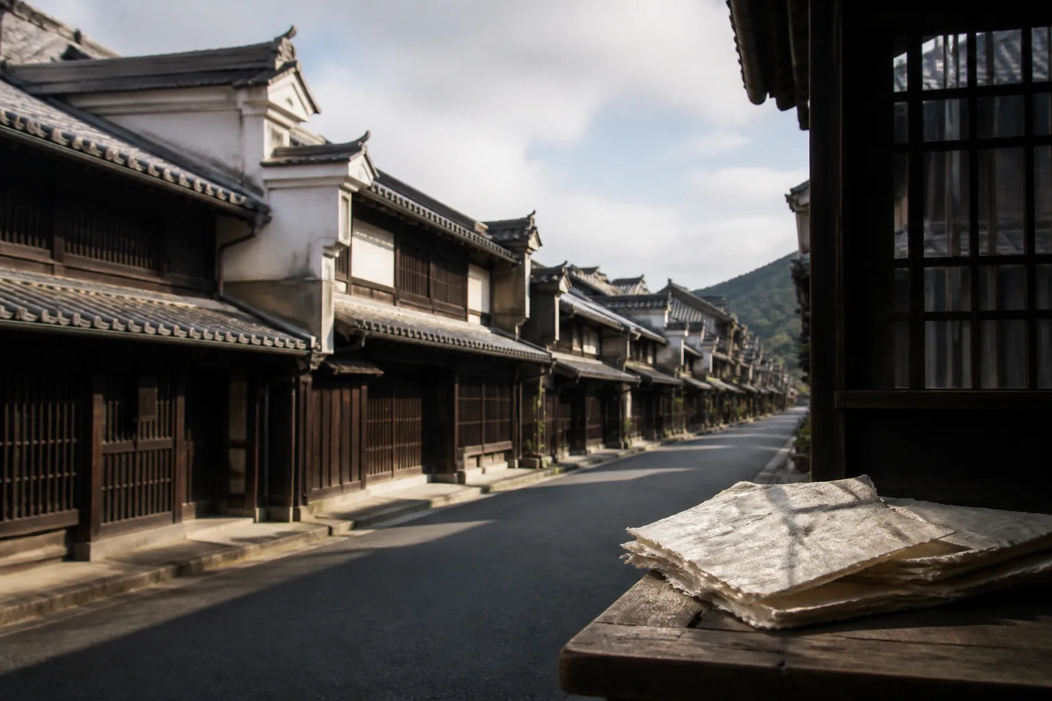 美濃市のうだつの上がる町並みを歩く旅人