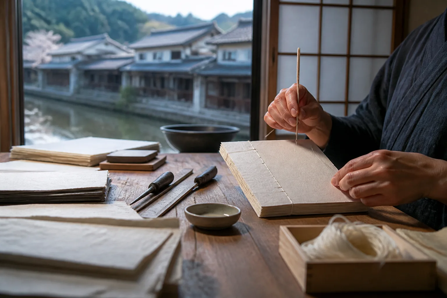 美濃和紙を和綴じする手元と糸のある作業台
