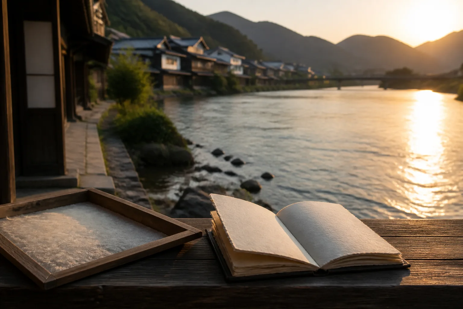 美濃市の川辺で和紙の冊子を手に夕方を眺める旅人
