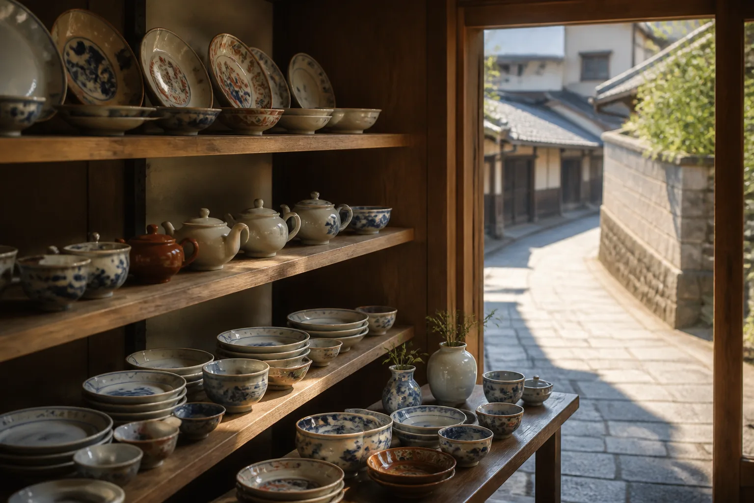 器の店と茶の時間を描いた編集画像