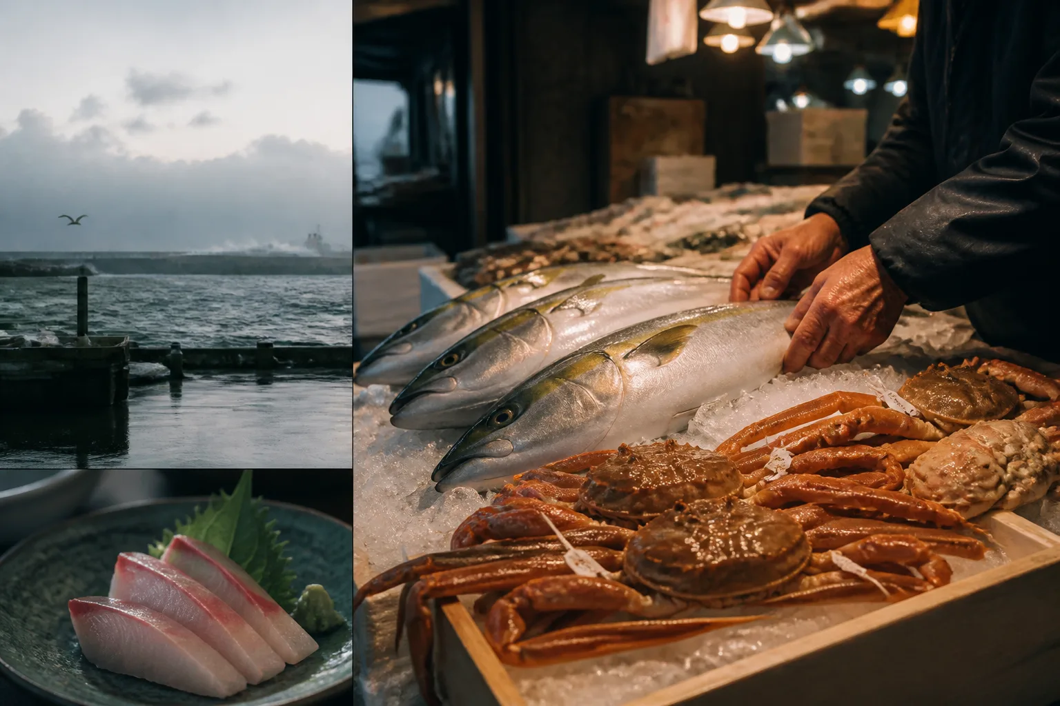鮮魚店と海の幸をテーマにした編集画像