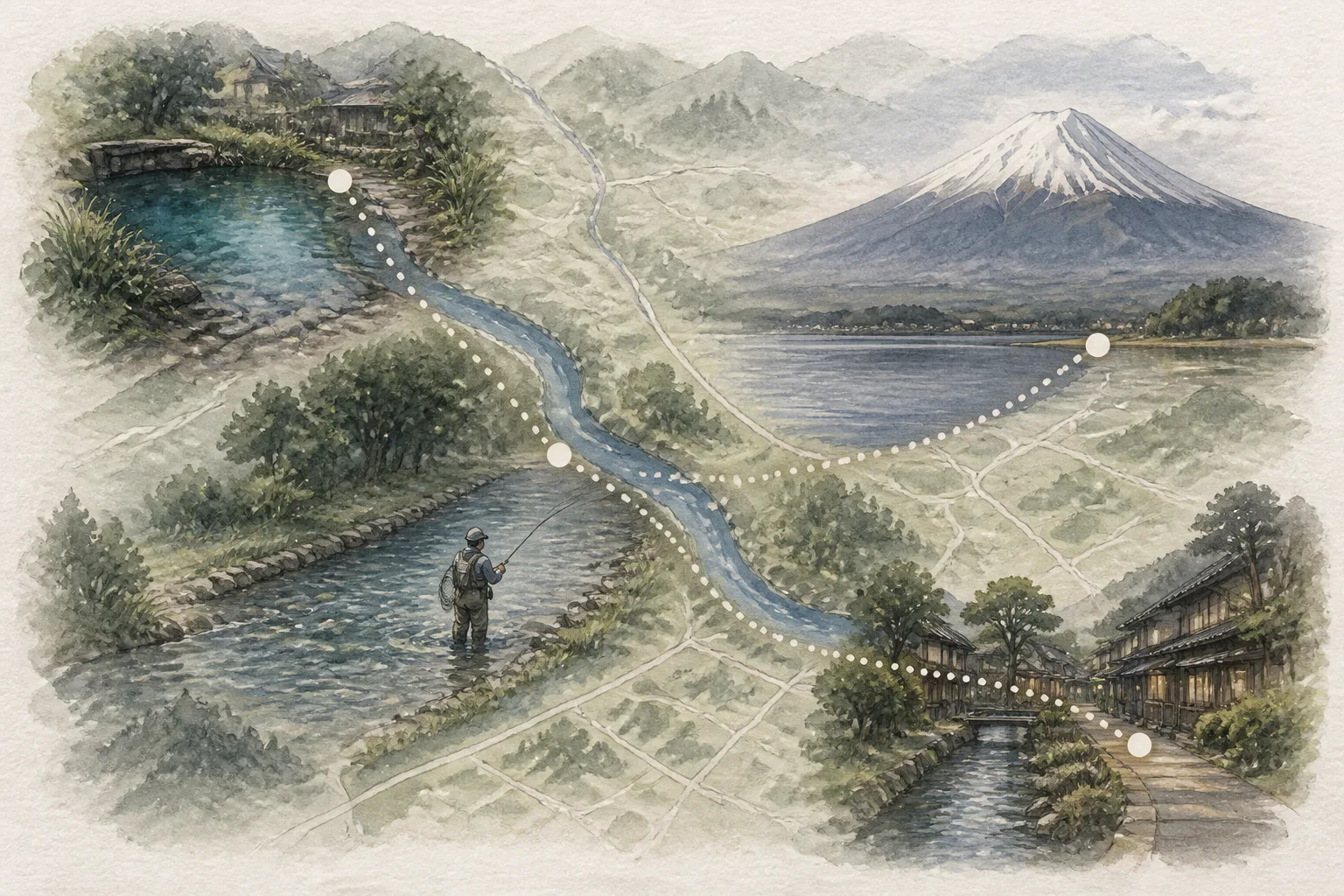 忍野の湧水、桂川、富士山麓の水景、村道へ進む編集ルートマップ