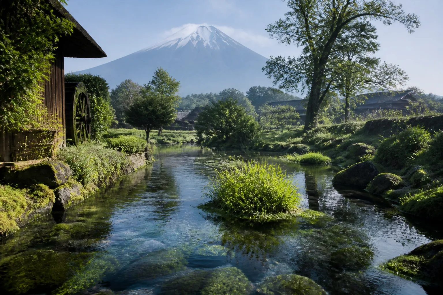 富士山麓の湧水と水路、山の気配を描いた編集画像
