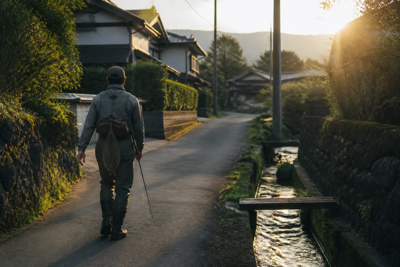 夕方の忍野の村道、水路、家並みを描いた編集画像