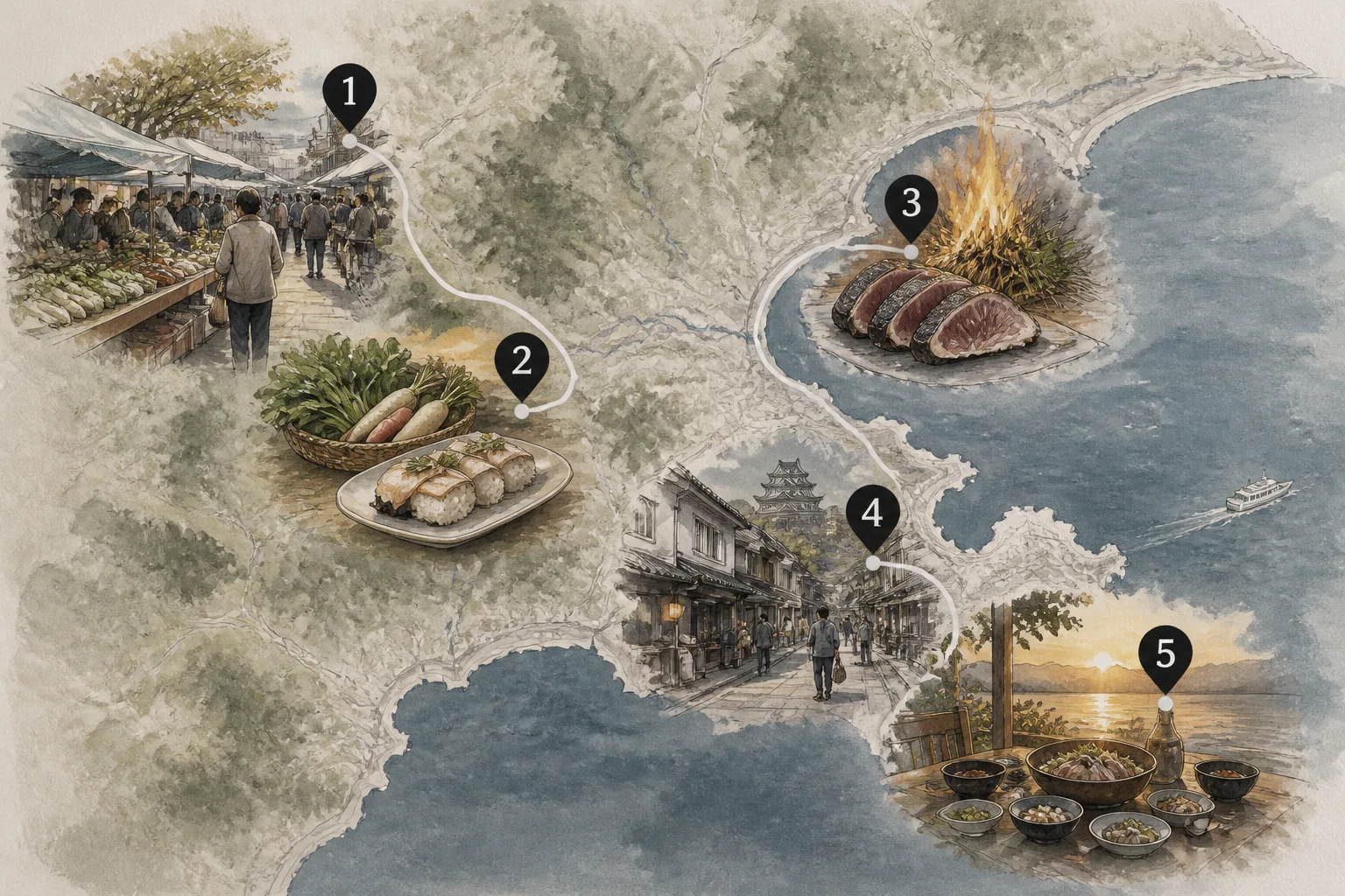 高知日曜市とカツオ食文化ルートの概略地図