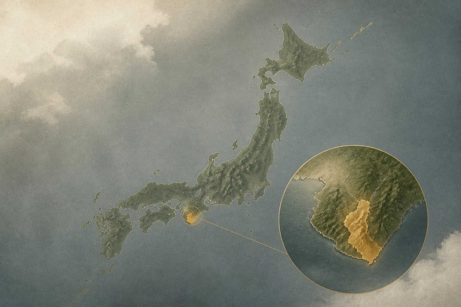 日本列島と紀伊半島の中で熊野古道・中辺路の位置を示す編集的な文脈地図