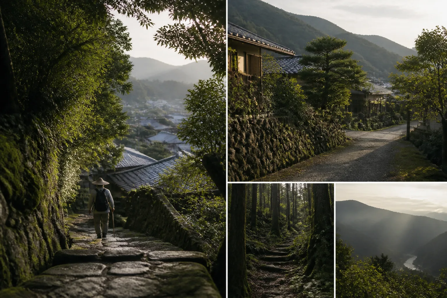 発心門王子から熊野本宮大社へ近づく穏やかな巡礼道を描いた編集画像