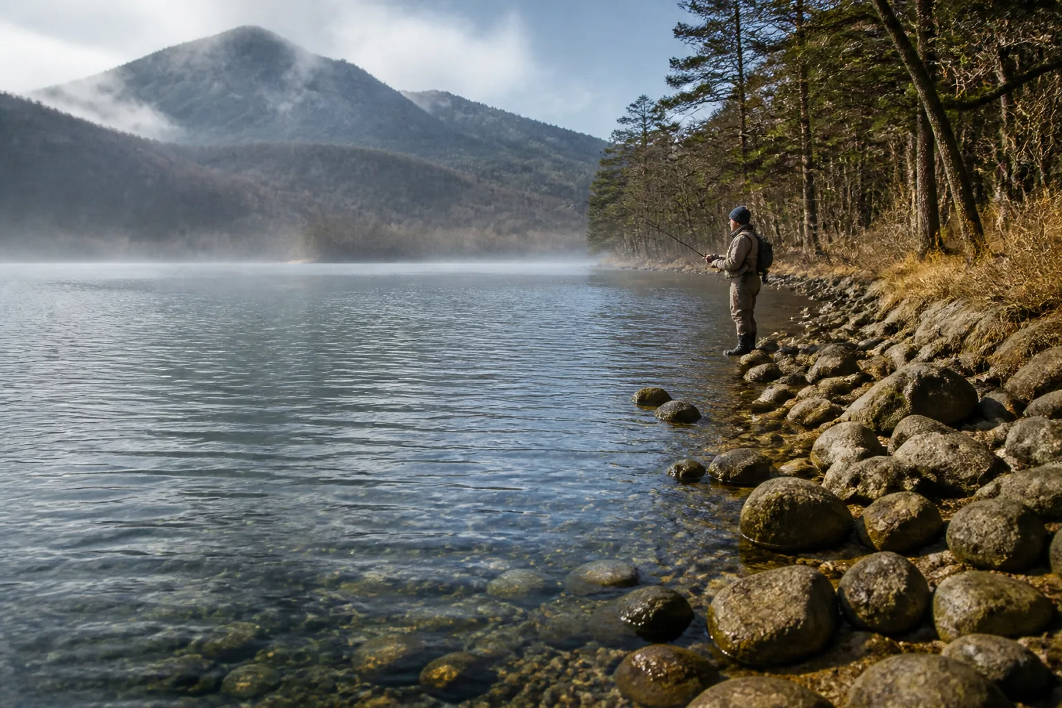 湯ノ湖の湖畔、山上湖の水面、冷たい午後の光を描いた編集画像