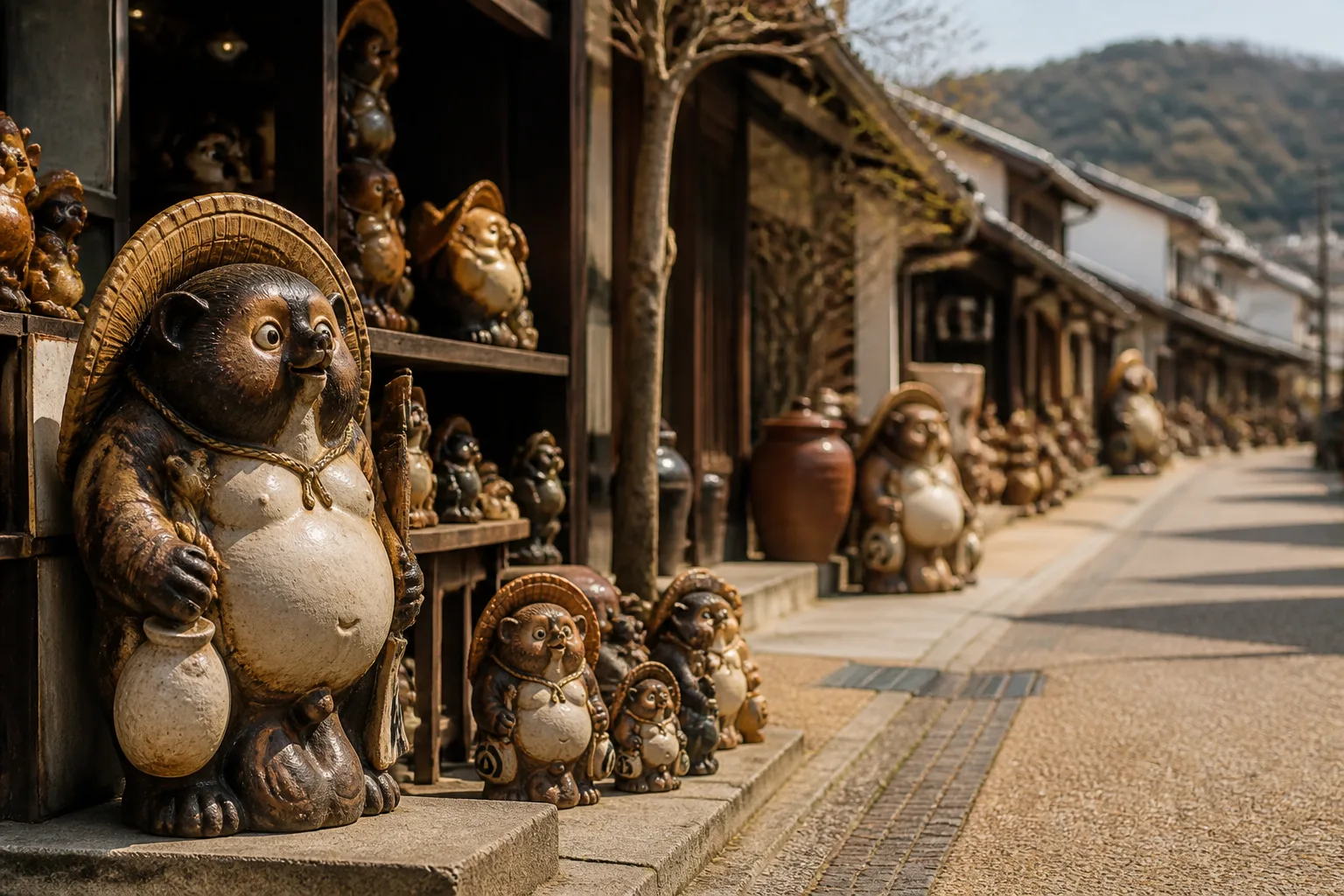 陶器の通りと狸｜完成した器を体験後の手で見るを描いた編集画像