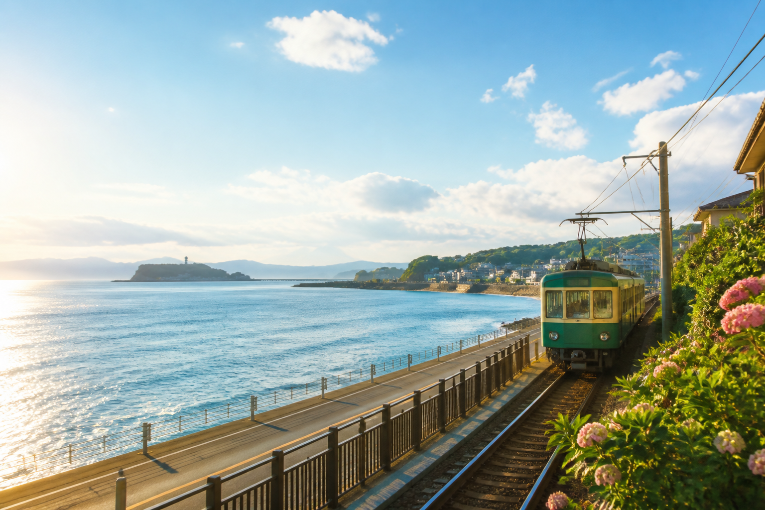 A cinematic Shonan coastal train route image for an anime-inspired Japan travel guide.